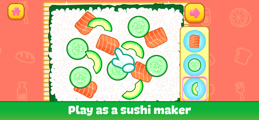 Kids Cooking Games: Yummy Food - A child playing a sushi maker game by adding salmon and cucumber to rice