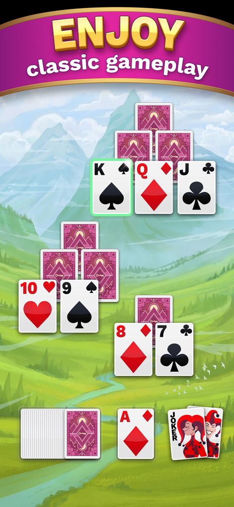 Gameplay of TriPeaks Solitaire Cube featuring card peaks over a scenic mountain landscape