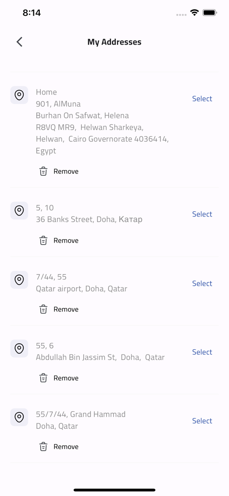 Interface do usuário do aplicativo E-Butler exibindo uma lista de endereços salvos para facilitar o agendamento de serviços.