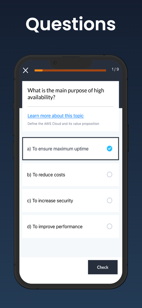 Écran de quiz pratique de l'application mobile Learn AWS avec une question à choix multiples sur le cloud computing.