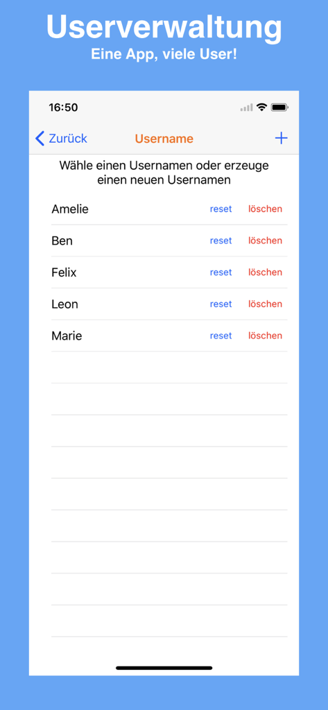 User management screen in the Diktat Trainer app showing multiple student profiles for personalized learning.