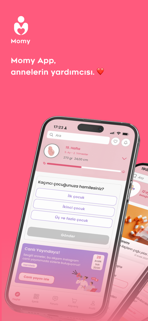 Momy app interface on an iPhone showing a 19th week pregnancy tracker and a questionnaire for mothers.