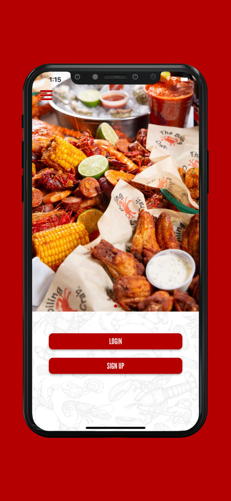 The Boiling Crab Rewards app login and sign up screen featuring a seafood boil background