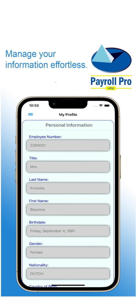 Payroll Pro HRM - Personal profile screen in the Payroll Pro HRM app showing employee information fields like name and employee number.