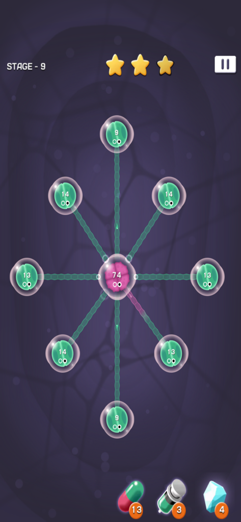 Cell Expansion Wars - Captura de pantalla del juego Cell Expansion Wars mostrando una célula rosa central conectada a células verdes circundantes por tentáculos en la Etapa 9