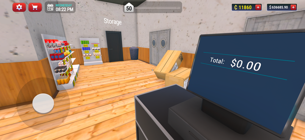 My Hotel Simulator 3D - Visão em primeira pessoa de uma mini loja de hotel com balcão de checkout e prateleiras de lanches