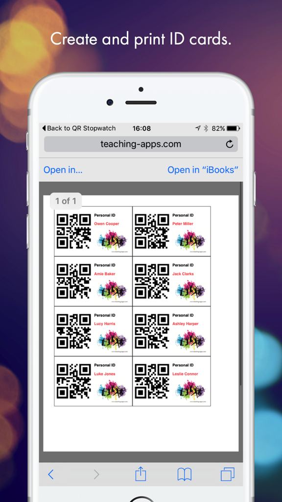 QR Stopwatch - Smartphone screen showing printable personal ID cards with QR codes and names from the teaching-apps website