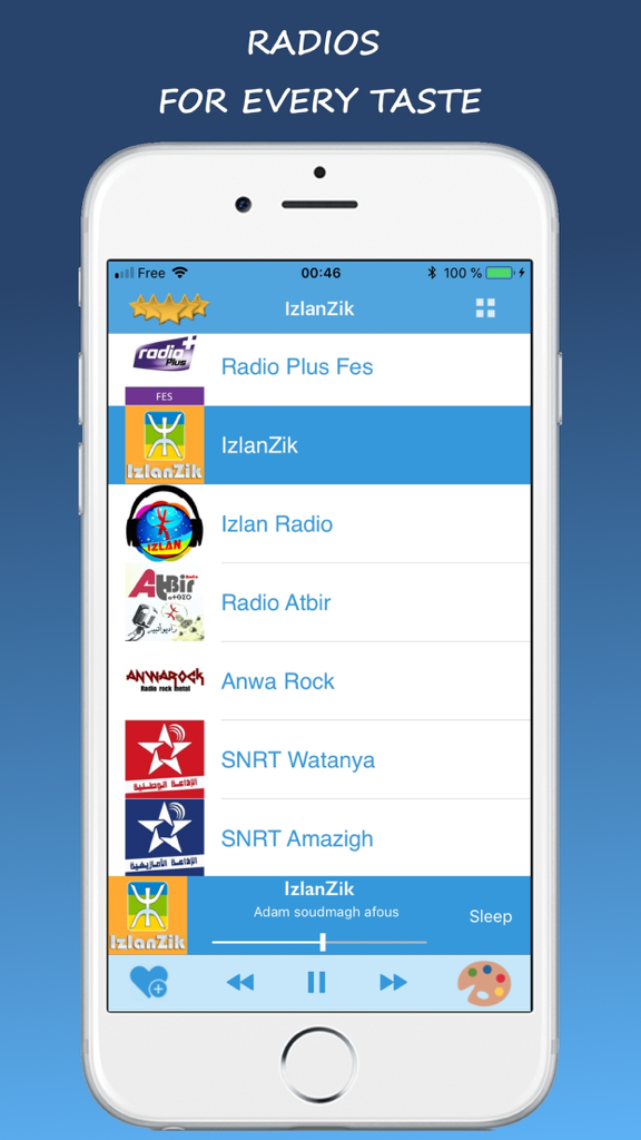 Radio Morocco app interface showing a list of Moroccan radio stations on an iPhone