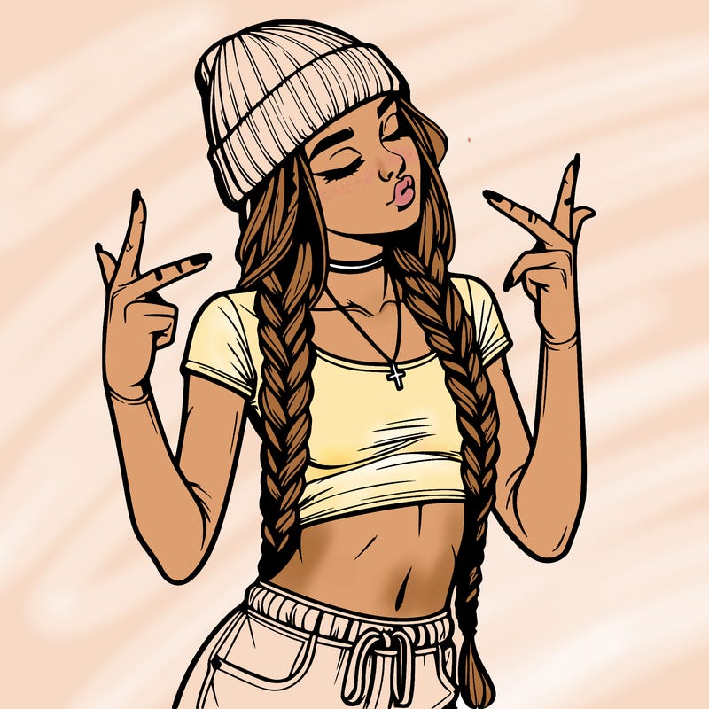 realistic teenage girl with braids and a beanie and crop top doing 🫶🏼