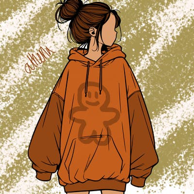 realistic girl with a oversized sweatshirt on and a bun