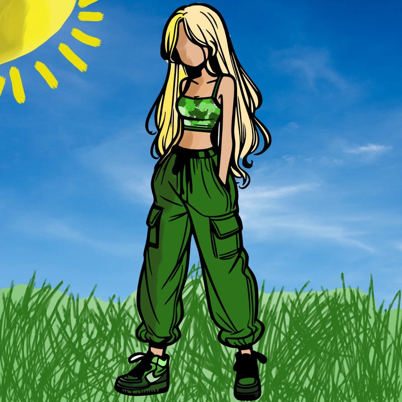 girl in baggy pants crop top and long hair