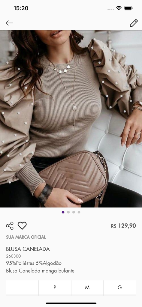 Vesti Vendas - Visualização do produto de uma blusa com manga de pérola no aplicativo B2B de moda Vesti Vendas