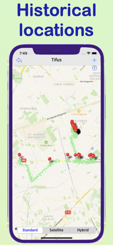 SpeakApp interface showing historical GPS location markers and movement path on a map for family safety tracking.
