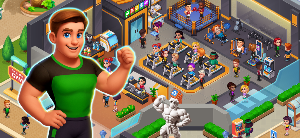 Happy Fitness: Gym Game - トレッドミルで運動するキャラクターやリングでボクシングをするキャラクターがいる、カラフルなバーチャルジムのトップダウンビュー