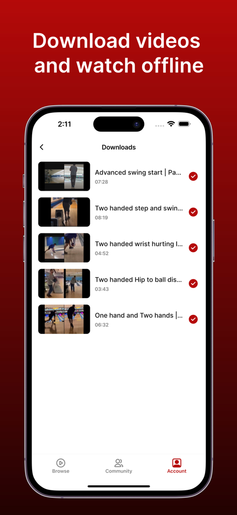 Bowl Like A Pro: Coaching App - A list of downloaded bowling coaching videos in the Bowl Like A Pro app for offline viewing