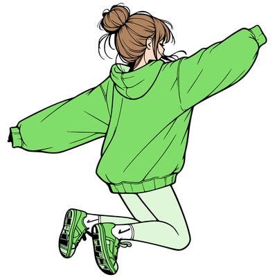 realistic girl jumping with a bun and oversized sweatshirt