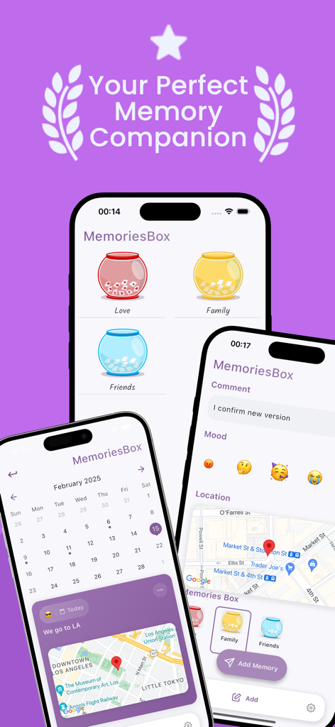 MemoriesBox - Couple Journal - Screenshots of the MemoriesBox app showing memory boxes, calendar view, and location tracking features.