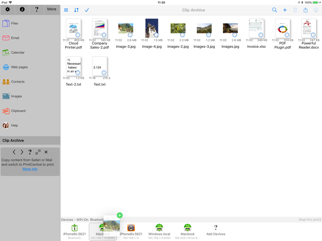 PrintCentral - Captura de pantalla del iPad de la aplicación PrintCentral que muestra el Archivo de Clips con varios documentos e imágenes listos para imprimir.