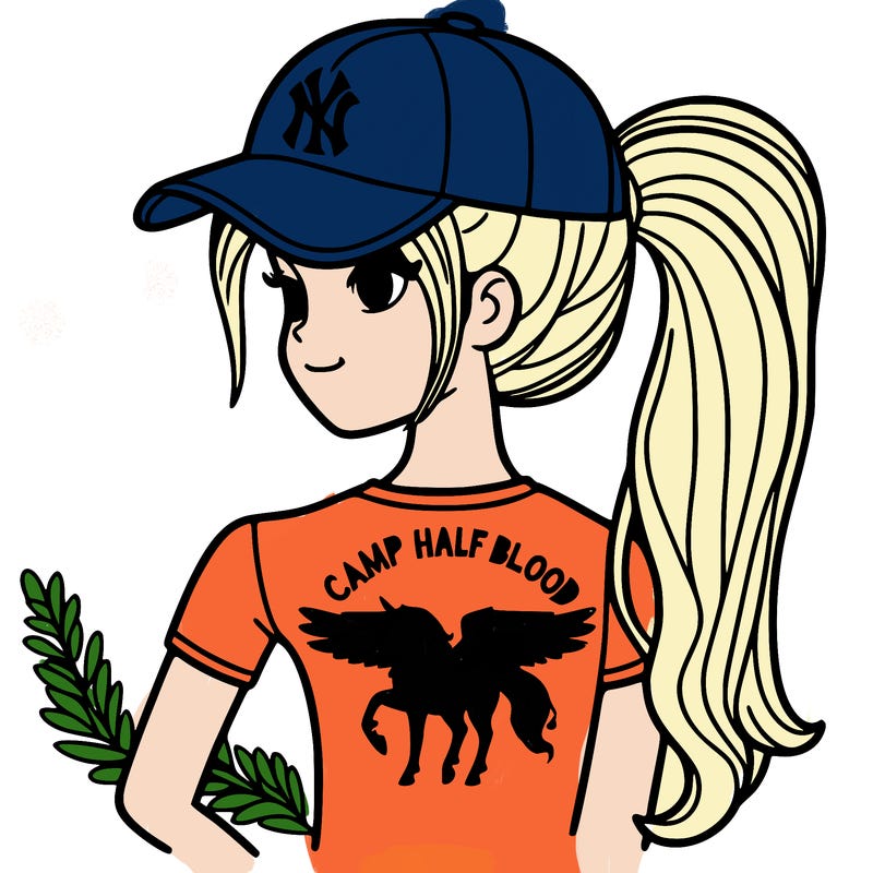 girl with yankees cap and a pony tail hair style wear and a t- shirt that says camp half blood with a horse with wings under the words