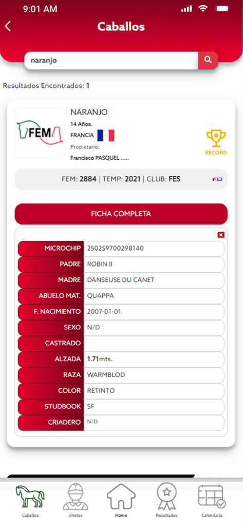FEM - Detailed horse technical sheet with pedigree and registration information in the FEM app.