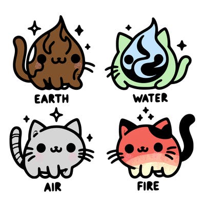 4 cats that represent the different elements, earth, water, air, and fire