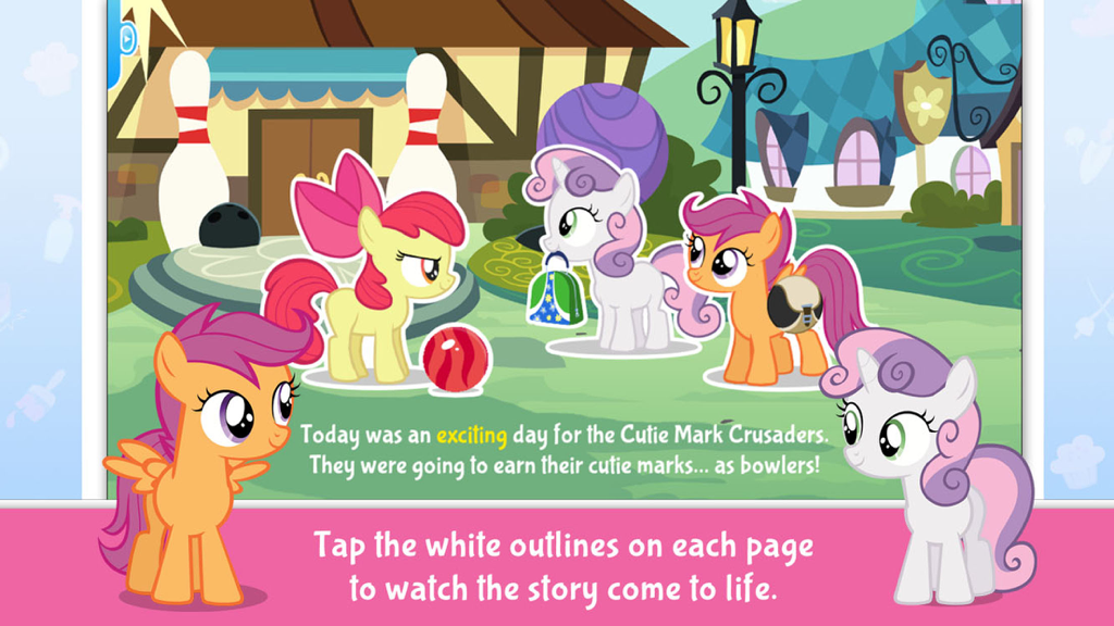 My Little Pony: Cutie Pox - Una página interactiva de cuento de la aplicación My Little Pony Cutie Pox mostrando a las Cutie Mark Crusaders en una bolera con texto resaltado.