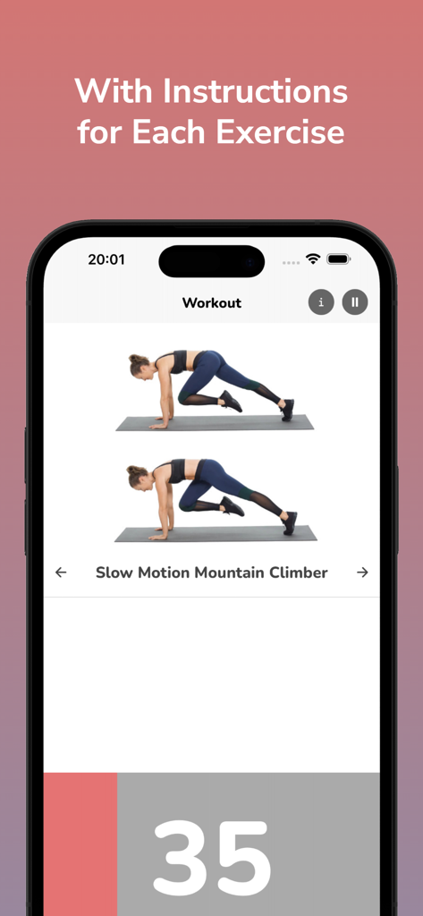 Pilates - Daily Workout - Una pantalla de smartphone que muestra un entrenamiento de pilates con instrucciones visuales para un escalador de montaña a cámara lenta y un temporizador