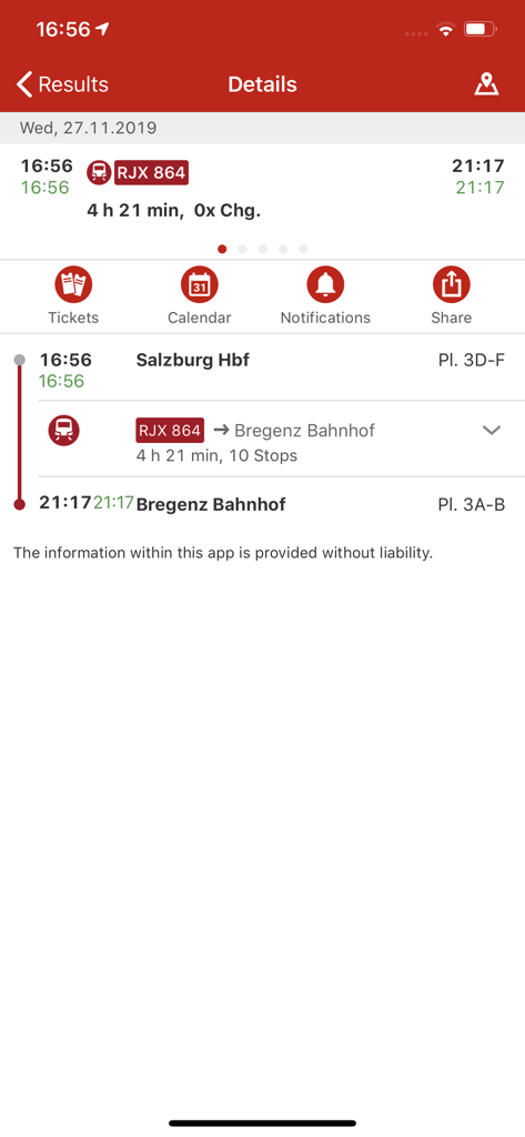 ÖBB Scottyアプリインターフェース。SalzburgからBregenzへの電車旅行の詳細が表示され、プラットフォーム番号と出発時刻が含まれています。