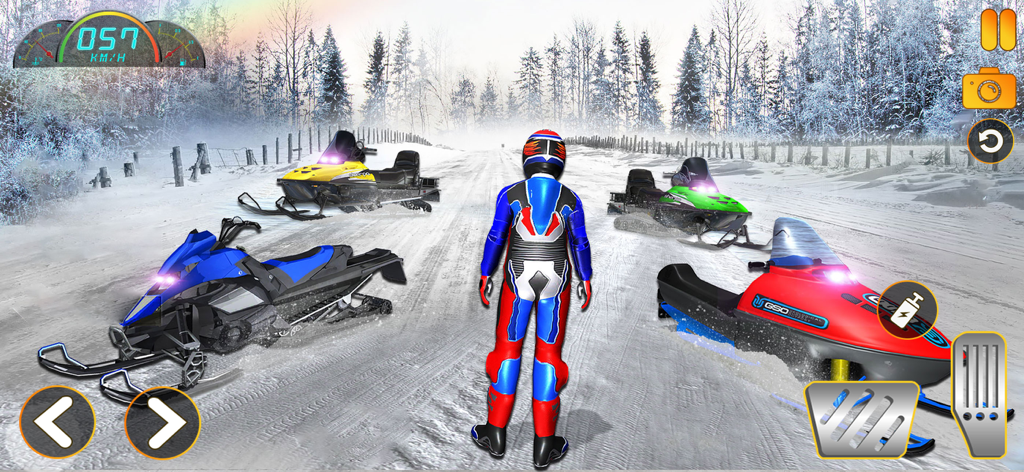 Extreme Snowmobile Racing Rush - Gameplay view of several snowmobiles on a snowy mountain racing track with mobile game controls.