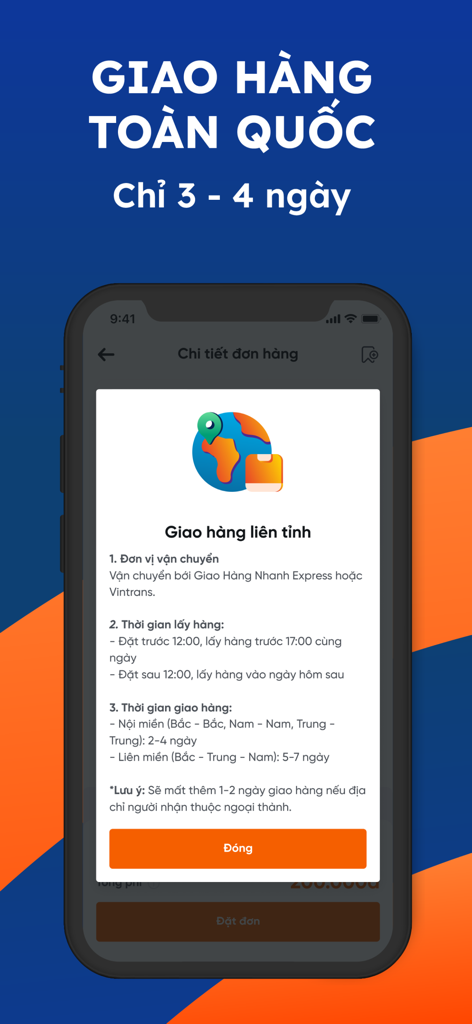 Ahamove App-Bildschirm, der Informationen zum interprovinziellen Versand und Lieferzeiten in Vietnam anzeigt