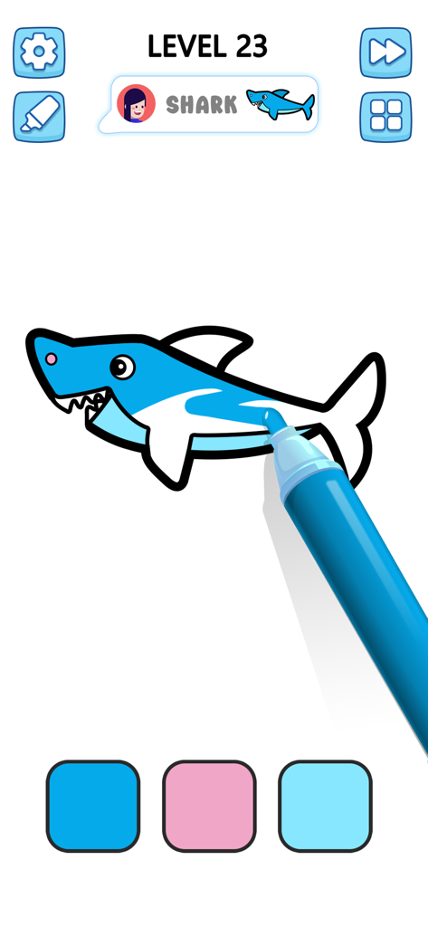 A digital coloring page of a cartoon shark being colored with a blue marker
