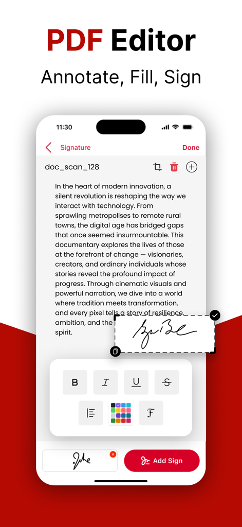PDF Editor: Fill, Edit, Sign - Mobile app interface showing a digital signature being added to a PDF document on a smartphone