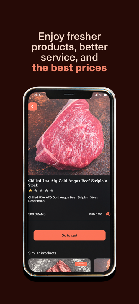 Mobile app screen for The Meatery showing a premium Angus beef striploin steak with weight and price details