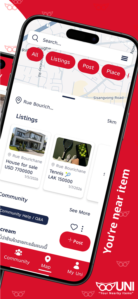 UNI MarketHub - UNI MarketHub mobile app interface showing nearby item listings and a map-based search for local deals