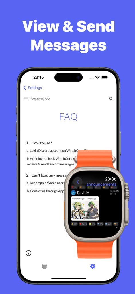 An iPhone and Apple Watch Ultra displaying the WatchCord app for viewing Discord messages.