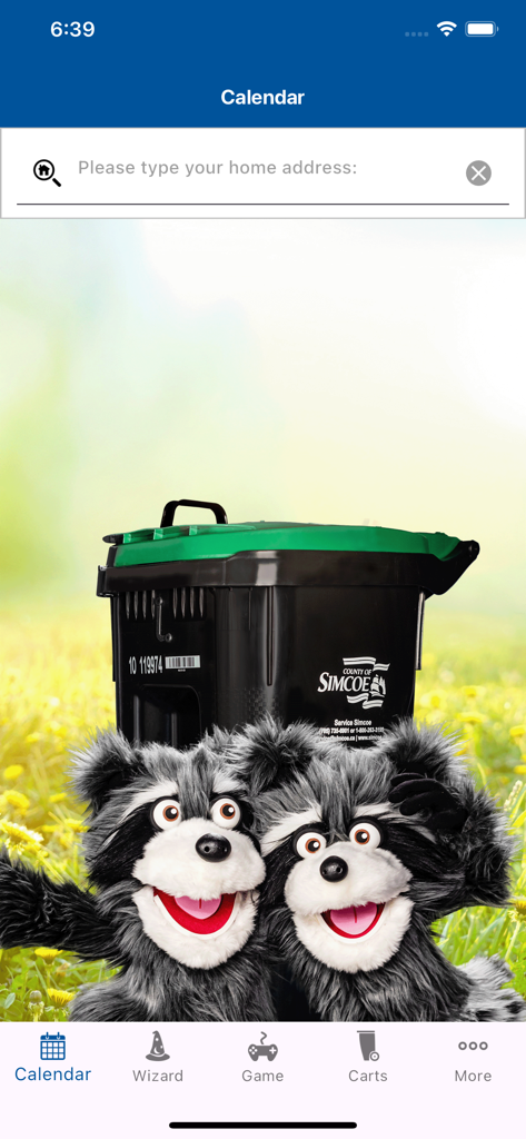 Calendar screen of the Simcoe County Collects app featuring an address search bar and raccoon mascots next to a green bin
