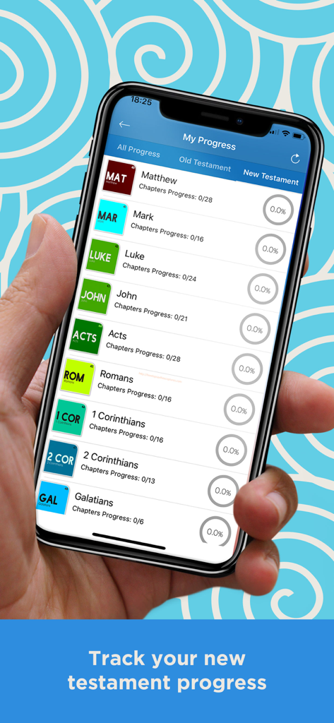 Young Literal Bible -YLT Bible - Una pantalla de smartphone mostrando el progreso de lectura de los libros del Nuevo Testamento en la aplicación Young Literal Bible.