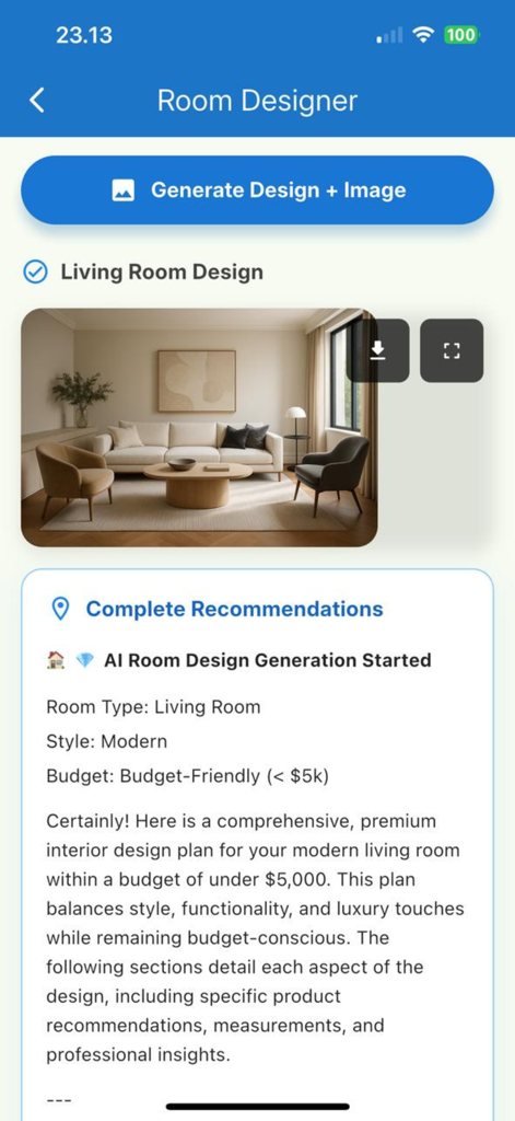 AI House Designer Pro - AI generated modern living room design with budget friendly interior recommendations