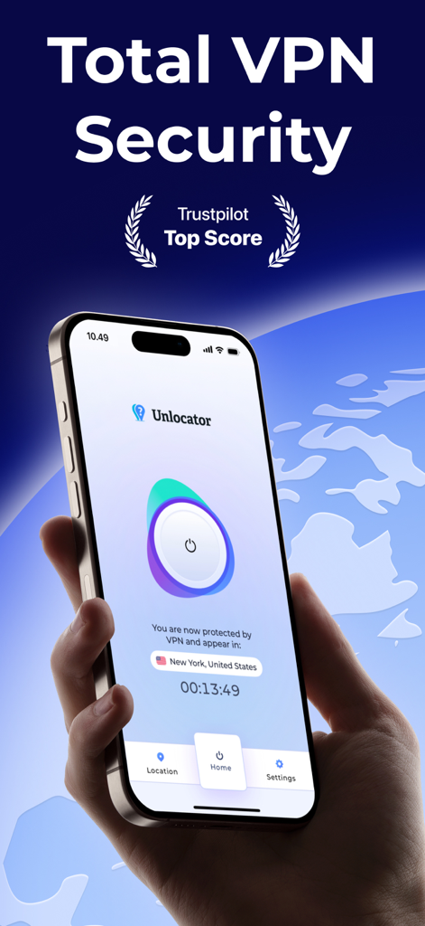 Unlocator VPN app on iPhone showing active protection and New York server location.