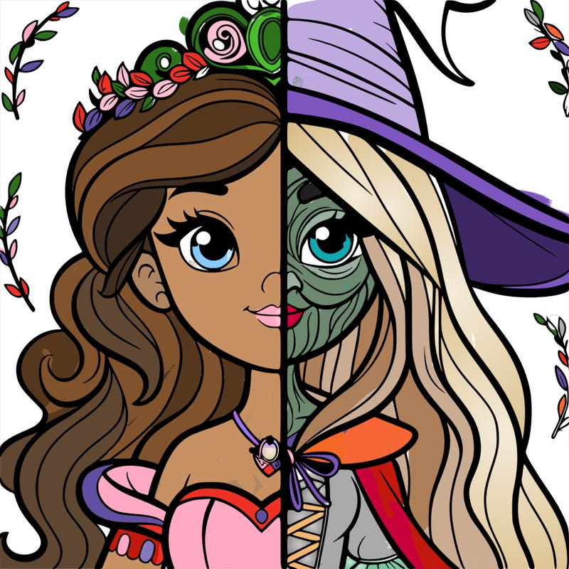 detailed realistic split of a princess and a witch