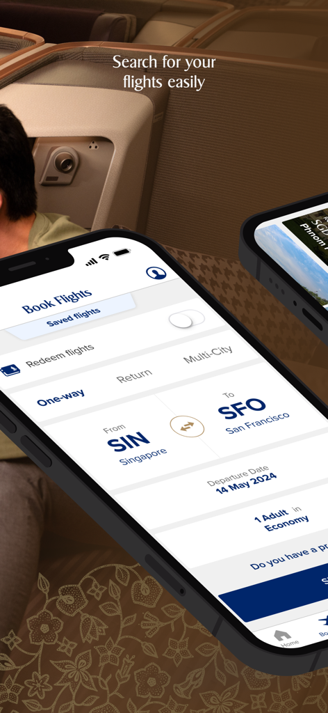 Singapore Airlines - シンガポールからサンフランシスコへのフライトを検索および予約するためのシンガポール航空モバイルアプリインターフェイス。