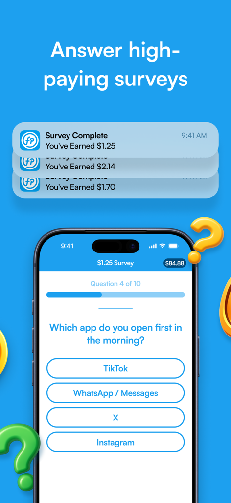 FeaturePoints: Get Free Cash - Smartphone screen showing the FeaturePoints app survey interface and cash earnings notifications