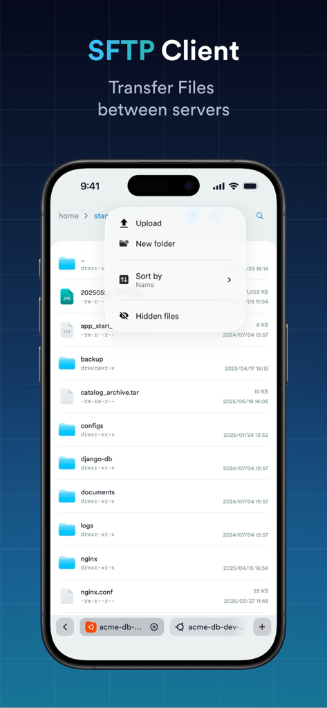 Termius - Modern SSH Client - iPhone screenshot showing the Termius SFTP client interface for transferring files between servers with a list of directories and a menu for uploading and sorting files