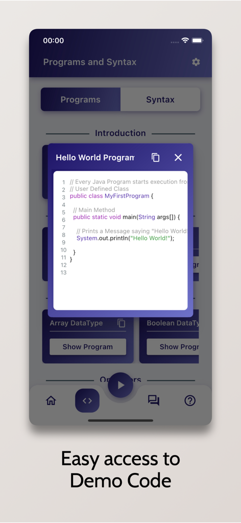 A mobile screen showing a Java Hello World program snippet within the Learn Java app