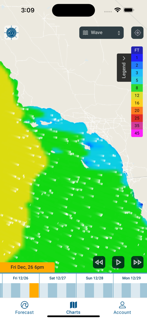 Surf Captain - Surf Captain app displaying a wave height and swell forecast map with color coded legends.