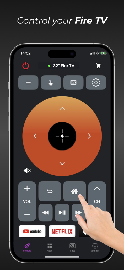 Interface of the Universal TV Remote app on an iPhone showing controls for a Fire TV with a hand tapping the home button