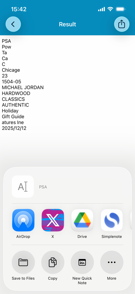 ClipOCR2 - ClipOCR2 app screenshot showing OCR text results and integrated sharing options for Google Drive and X