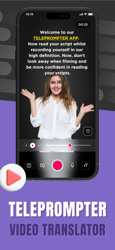 Teleprompter app on iPhone showing a script overlay while recording video