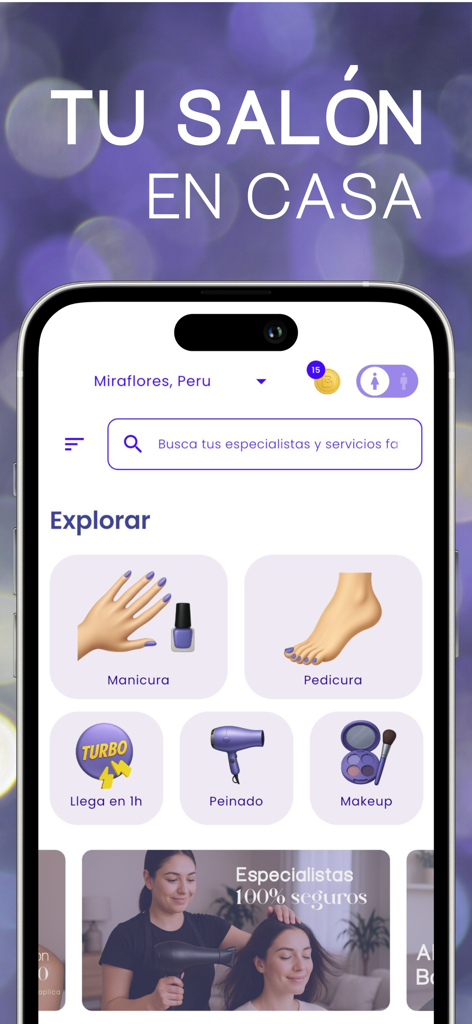 Belity - Belleza a domicilio - L'interface de l'application Belity montrant des services de beauté à la demande, y compris manucure, maquillage et coiffure disponibles pour réservation à domicile