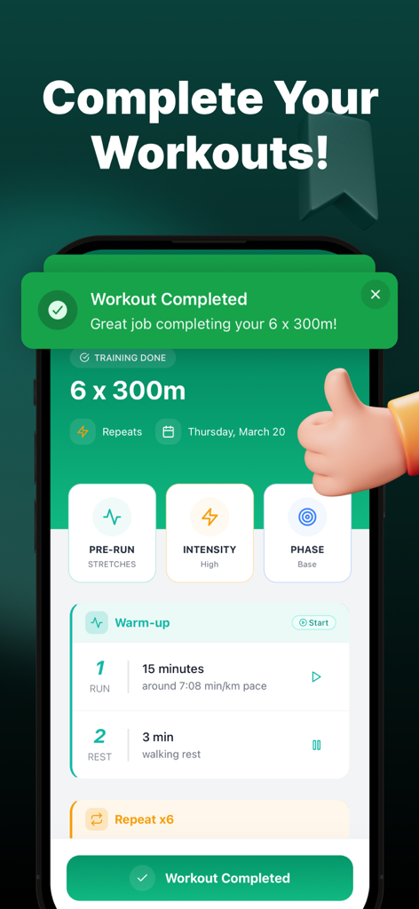 Couch to 5K Run: Running Plans - Captura de pantalla de la aplicación Couch to 5K Run que muestra un resumen de entrenamiento de intervalos completado con un ícono de pulgar hacia arriba.